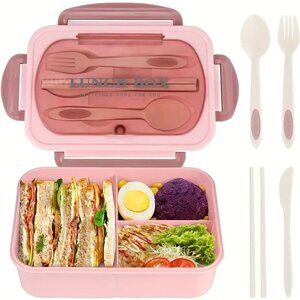 Leak-Proof Bento Box 40.58 Oz BPA Free Cutlery Set 3 Compartments Microwave Safe